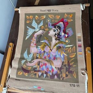 ROYAL PARIS vintage counted cross stitch girl & bird wood stretching frame 178